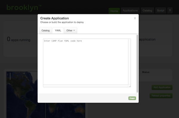 Brooklyn web console, showing the YAML tab of the Add Application dialog.