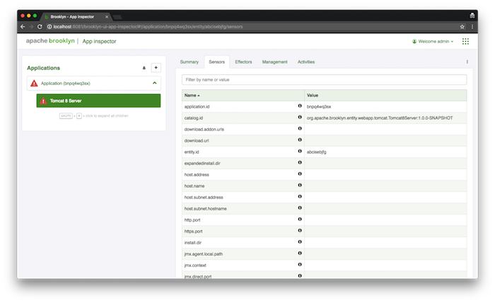 Sensors view in the Brooklyn debug console.